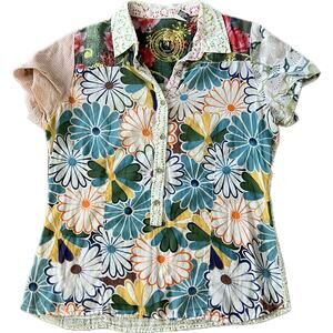 Desigual XL Buttondown Short Sleeve Shirt Daisy Floral Mixed Print Fabrics